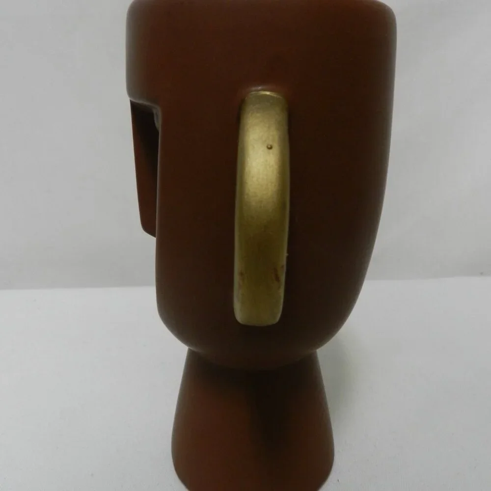 Abstract Face Ceramic Vase double handles brown gold 7